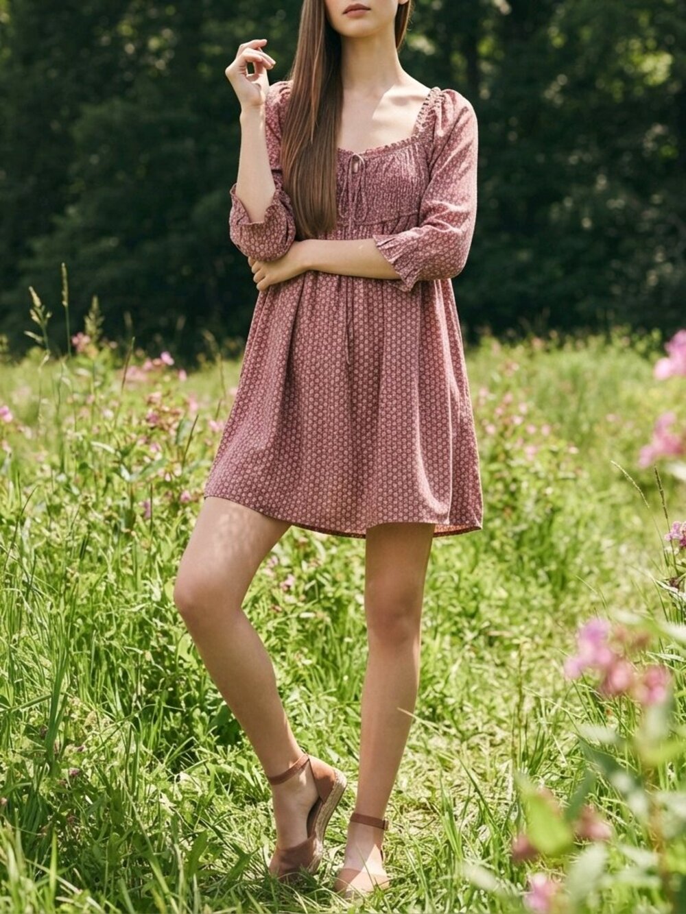 Free People 70s Print Babydoll Mini Dress Size S Mauve NWT